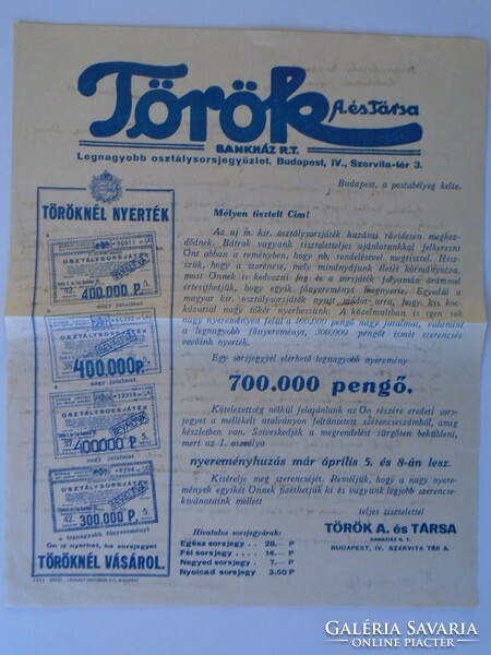 ZA430.8 Török A és Tsa osztálysorsjegy reklám -hátoldalás Halmay Gyusztávné Kőszeg hadikölcsön 1941