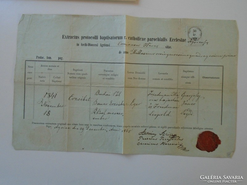 Za430.9 Old document Eger 1865 - Erzsébet Bauer Budai - Mária Friedman - János Eperjessy