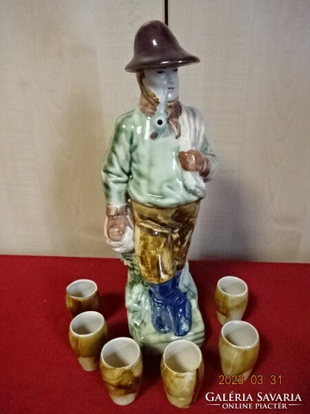 Polish glazed ceramic brandy set, hand painted. The spout is a figure with a hat. Jokai.