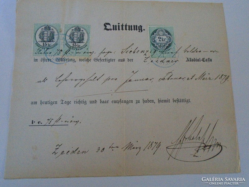 ZA427.12 Régi irat -Nyugta -Quittung - Zeiden -Feketehalom - 1879 - 75 frt   illetékbélyegek