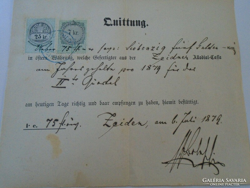 ZA427.14 Régi irat -Nyugta -Quittung - Zeiden -Feketehalom - 1879 - 75 frt   illetékbélyegek