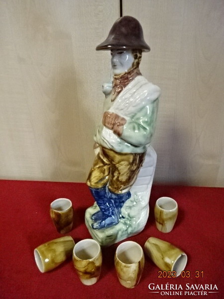 Polish glazed ceramic brandy set, hand painted. The spout is a figure with a hat. Jokai.