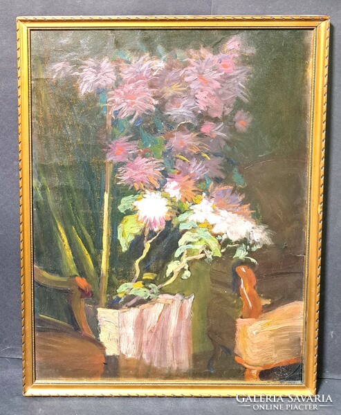 Virágcsendélet, enteriőr - olajfestmény (42x32 cm)