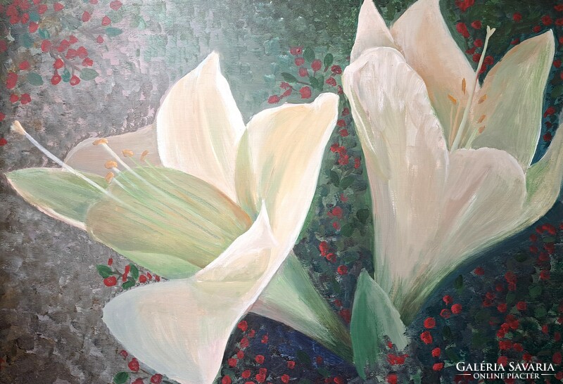 Béla Tilless: amaryllis - acrylic painting with frame - flowers, amaryllis