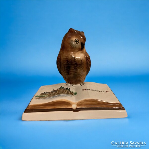 Bodrogkeresztúr wise owl on a book with a view of Budapest, flawless ceramic 11 x 12 cm.