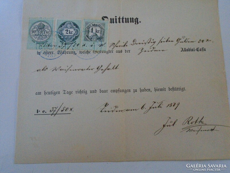 ZA427.15 Régi irat -Nyugta -Quittung - Zeiden -Feketehalom - 1879 - 37 frt 50 kr  illetékbélyegek