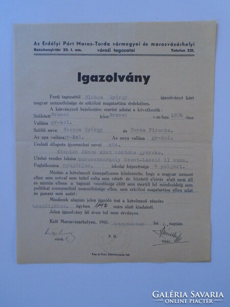 ZA432.1 Erdélyi Párt Maros -Torda vármegyei és marosvásárhelyi városi tagozatai - Blebea György 1941