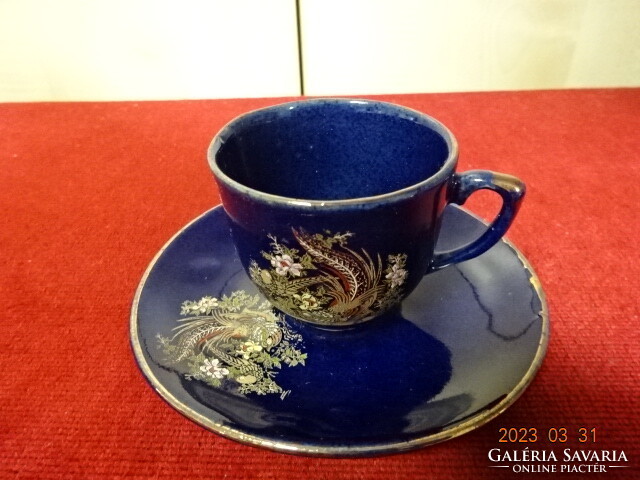 German glazed ceramic coffee cup + coaster, cobalt blue, pheasant pattern, two pieces. Jokai.