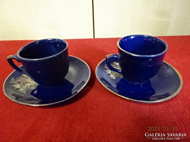 Német mázas kerámia kávéscsésze + alátét, kobalt kék, fácán mintás, két darab. Jókai.
