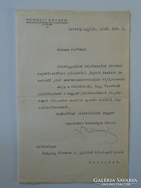 ZA433.2 Nemzeti Egység - Bihar vármegyei titkár - Berettyóújfalu - BARCSAY KÁROLY levele 1935