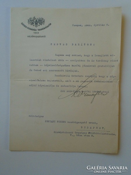 Za432.11 Autograph letter of Szeged-Csongrád Savings Bank CEO Ferenc Kozma 1935