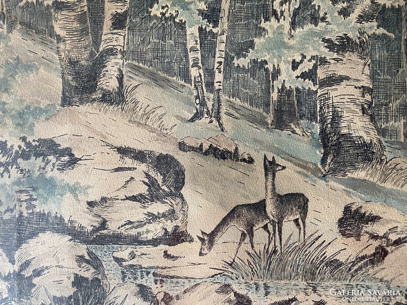 Forest detail with deer - colored individual ink
