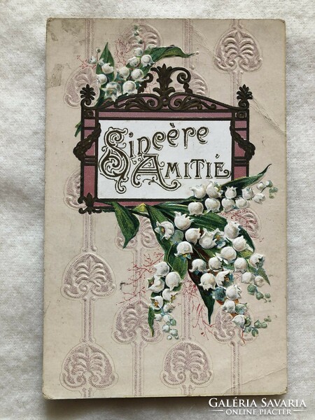 Antique embossed litho postcard with lily of the valley -2.