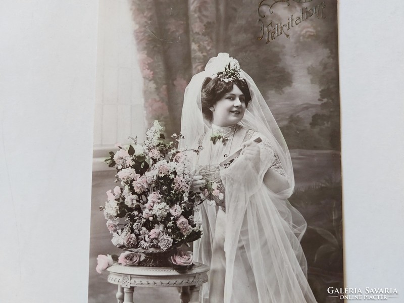 Régi képeslap 1912 esküvői fotó levelezőlap menyasszony