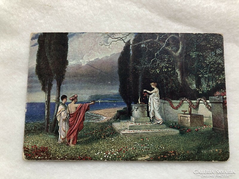 Antik romantikus Otto Ploeger képeslap - Postatiszta                                             -2.