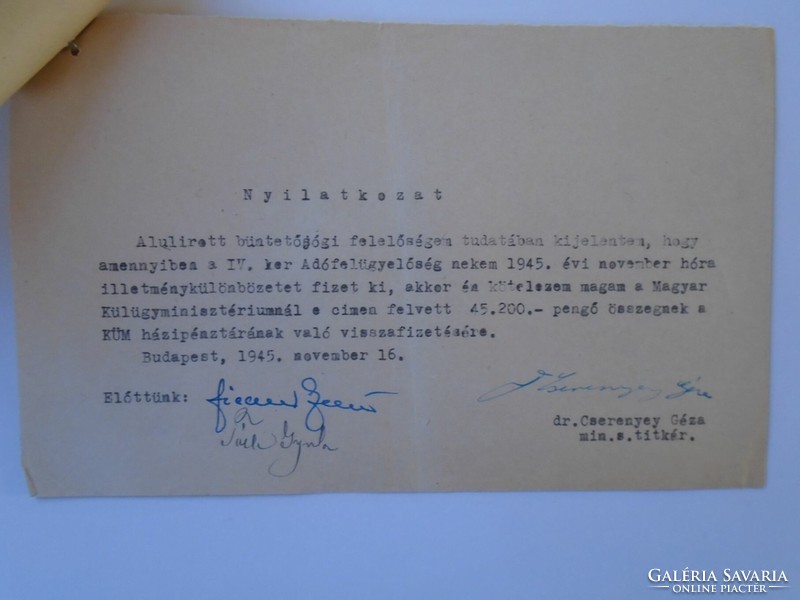 ZA432.7 Dr. Cserenyey Géza külügyminiszteri segédtitkár 1945  - NYUGTA és nyilatkozat   aláírással