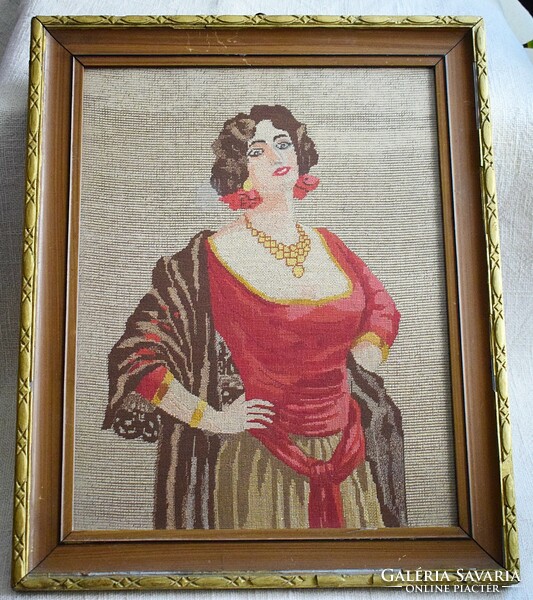 Gobelin female figure picture framed, glazed 53 x 43.5 cm antique