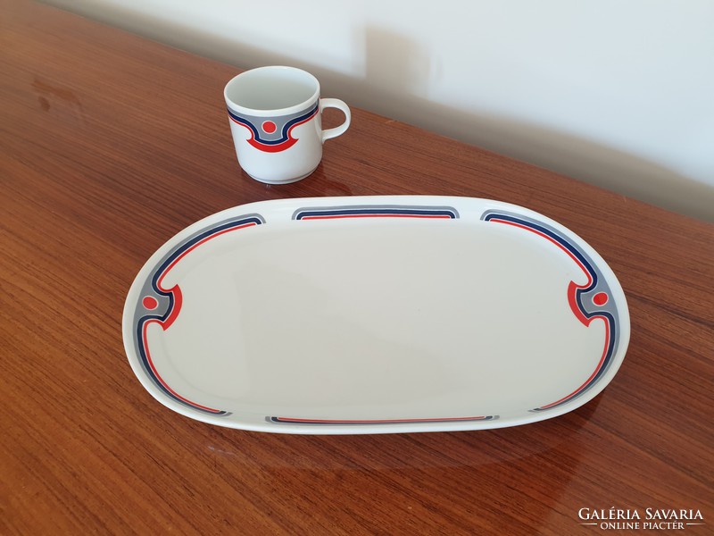 Retro nagy méretű 36 cm es Alföldi porcelán ovális tál piros menza mintás régi kínáló