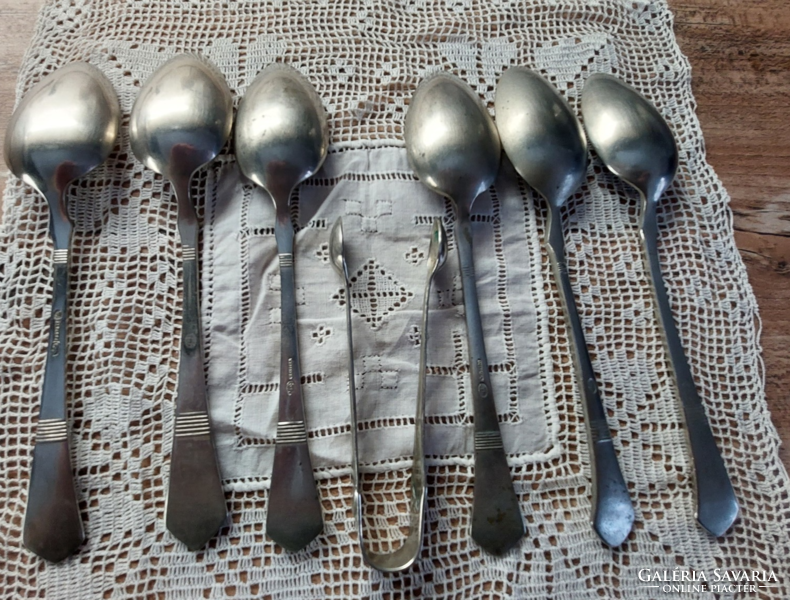 6 antique alpaca teaspoons, +1 alpaca sugar tongs - marked cutlery
