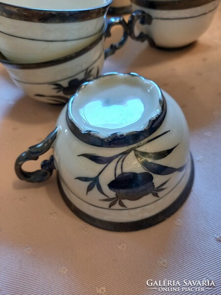Cseh porcelán 6 személyes teáskészlet, ezüst-festett motívumokkal 1920-ból (No Fa-)