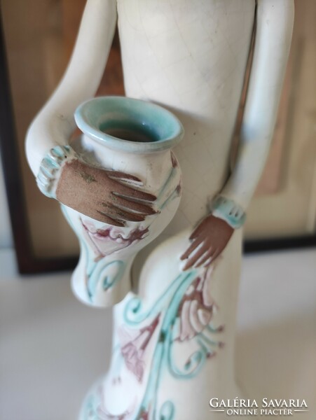 Jug girl lily in a floral turquoise and mauve dress, charming Kelemen Erzsébet ceramics