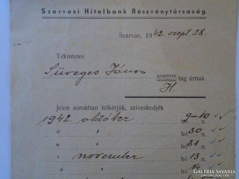 ZA433.17 Szarvas -Szarvasi Hitelbank - Süveges János  igazgatóság tag úrnak -1942