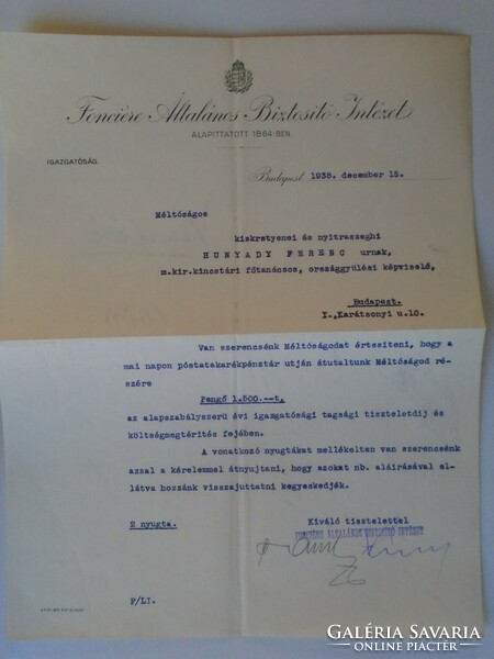 Za433.16 Fonciere insurance 1938 board of directors honoraria kisternyei and Ferenc Hunyady of Nyitraszegh