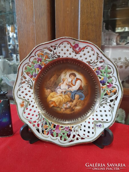German, germany arzberg schumann bavaria 1945. Romantic hand painted, openwork porcelain plate. 15.5 Cm.