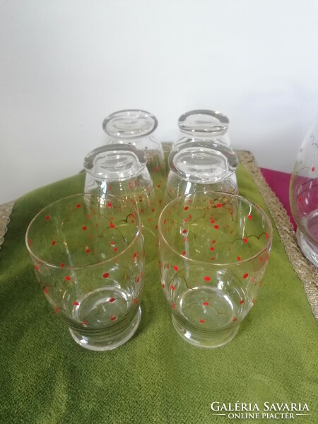 Retro parade glass jug with red dots + 6 glasses