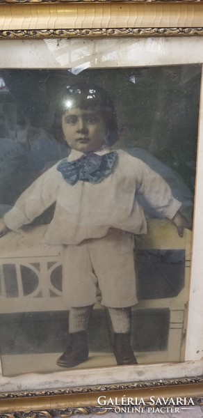 Antik kisfiú portré fotó fénykép üvegezett aranyozott fa keret 62 cm x 82,5 cm