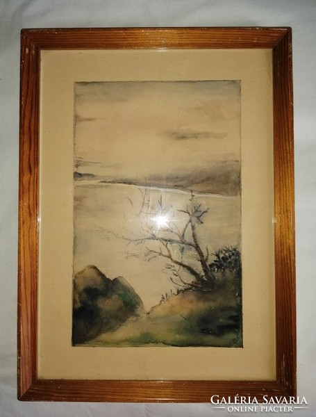 Lake Balaton spring painting watercolor mural in glazed picture frame 27.5 * 37.5 cm