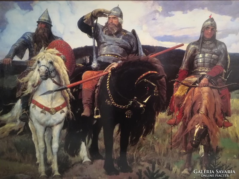 Nagyméretű középkori lovagkép,reprodukció, Viktor Vasnyecov : "Három Hős" (Bogatyri)