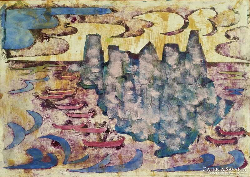 Gábor Durkó (1916-2003): port city - monotype, watercolor, ballpoint pen