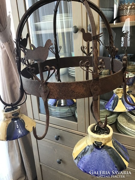 Antique French wrought iron pot holder, converted into a kitchen lamp