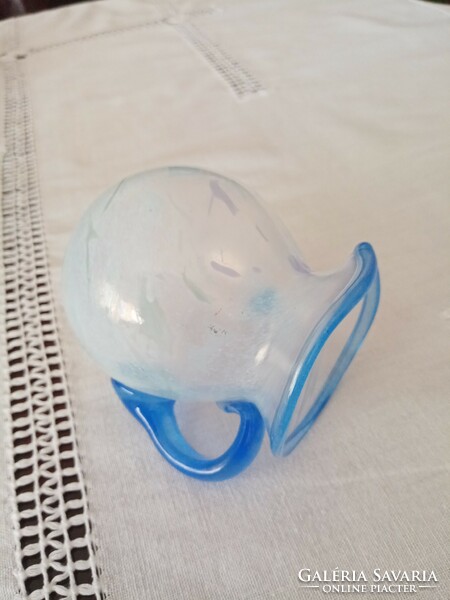 Muránói kék - fehér kézműves  szakított fátyol üveg kis kancsó / kiöntő