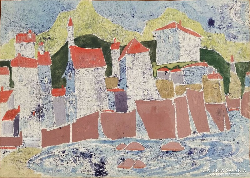 Durkó Gábor (1916-2003): Piros tetejű házak - monotípia, tempera