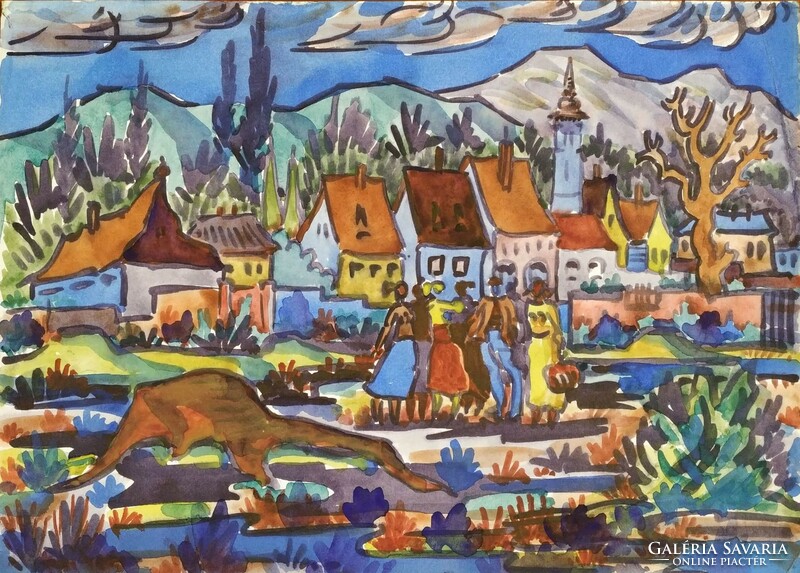 Durkó Gábor (1916-2003): Falusi vasárnap - akvarell