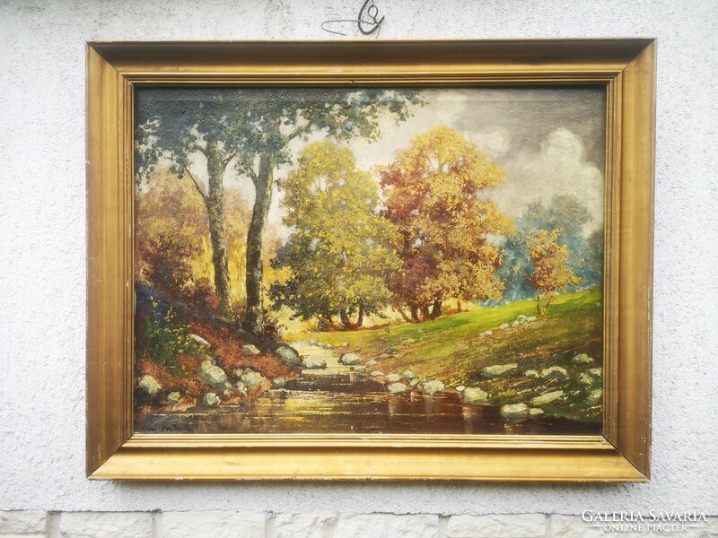 Antique landscape painting Vári Vojtovits Zoltán forest detail with stream catalog image