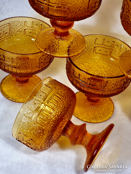 Set of 6 amber colored ice cream cups, riihimaen lasi Finnish manufactory, circa 1970