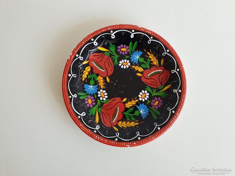 Old vintage folk wall ornament Kalocsa pattern marked granite wall bowl 24 cm