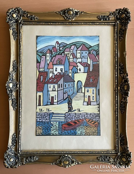 Vízparti város festmény - papír (ismeretlen alkotótól) 31 x 19,5 cm (kerettel: 48 x 37 cm)