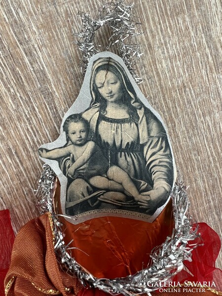 Nostalgic Christmas tree decoration made of old materials and papers, sugar bowl Mary with her little one