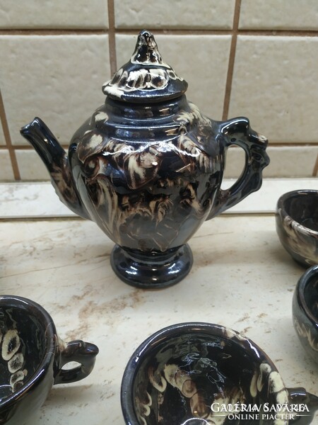 Korondi ceramic coffee set for sale! Drizzled glazed set with ashtray and salt and pepper holder