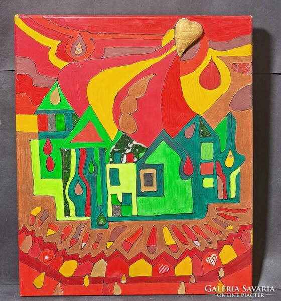 Oil painting made in the style of Hundertwasser with modern applied technique - colorful street scene, naive
