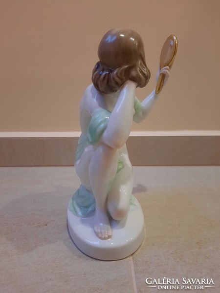 Herend porcelain woman with a mirror, looking into the mirror, female nude figure