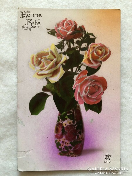 Antik, régi színezett virágos képeslap             -2.