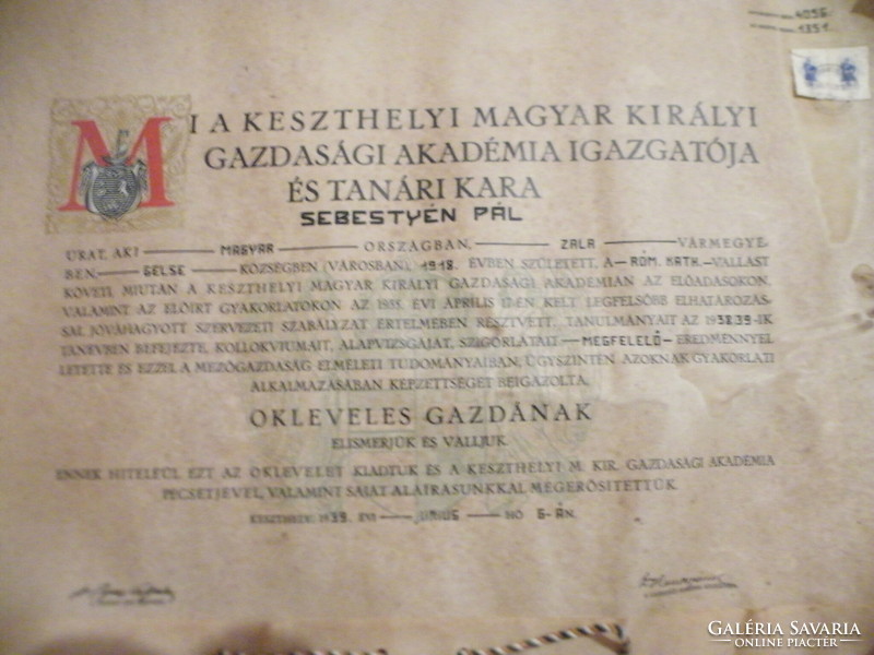 Régi oklevél-Magyar Királyi Gazdasági Akadémia pecséttel,fa dobozban,felülbélyegzéssel (1939.Jún.15)