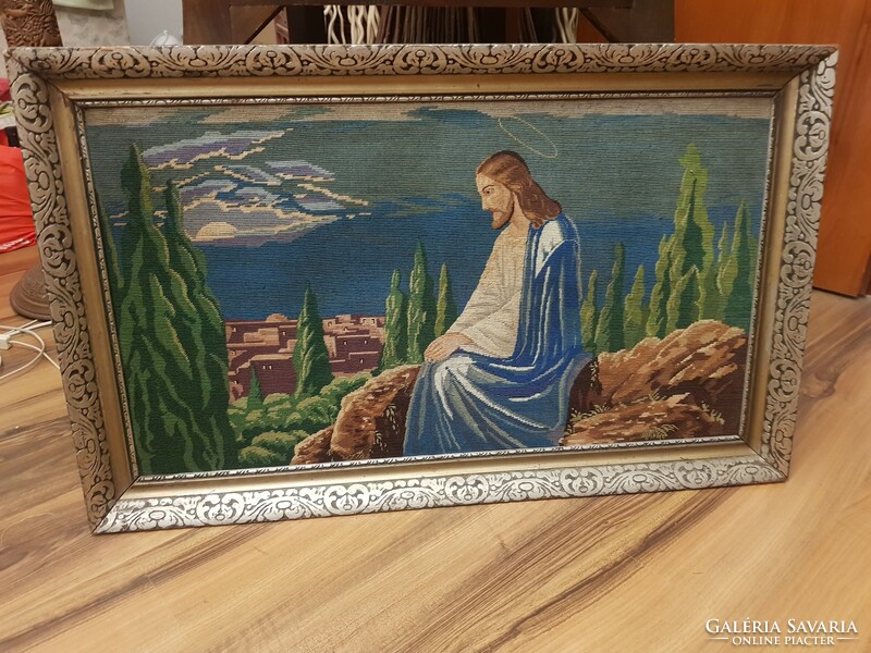 Large Jesus Christ tapestry in a beautiful silver wooden frame, 100 cm x 60 cm