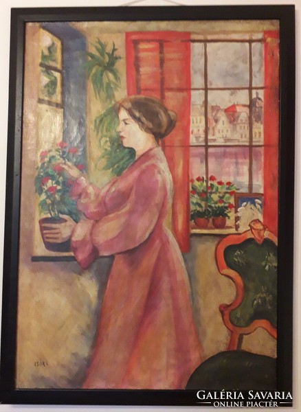 Nő az ablakban virágokkal (Aukcionált festmény Csók István jelzéssel)
