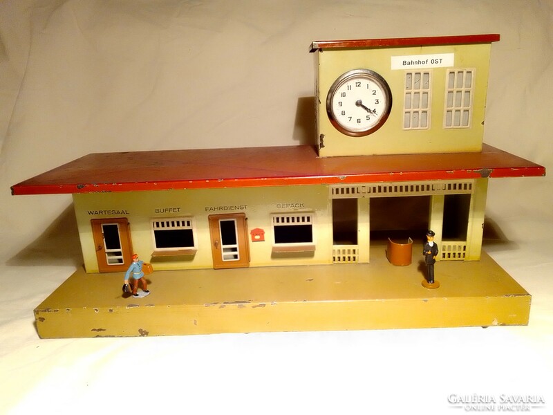 Antik Kibri 0-ás vasút vonat modell állomás épület órával 1940-50 terepasztal kiegészítő lemezjáték